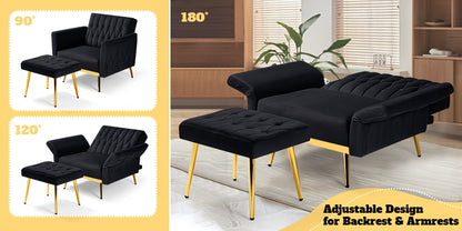 ACMEASE 31.5" Velvet Upholstered Single Chair with Adjustable Armrest And Back, Comfy Armchair with Movable Ottoman, Tufted Accent Chair with Soft Pillow for Living Room