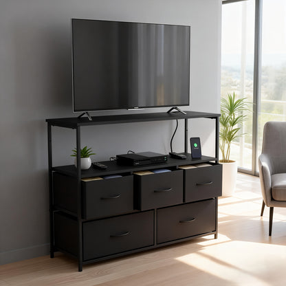 5-Drawer TV Stand Dresser Suitable for 45" Tvs - Media Console Featuring a Charging Station, 2 Shelves, And Storage for Living Room Or Bedroom