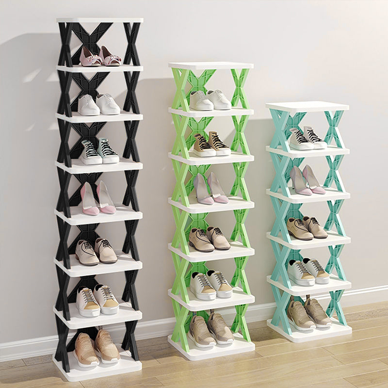 6/9 Tier Narrow Shoe Rack Give Away Shoehorns, Small Vertical Shoe Stand, Space Saving DIY Free Standing Shoes Storage Organizer for Entryway, Closet, Hallway, Easy Assembly and Stable in Structure, White and Green / Black / Blue