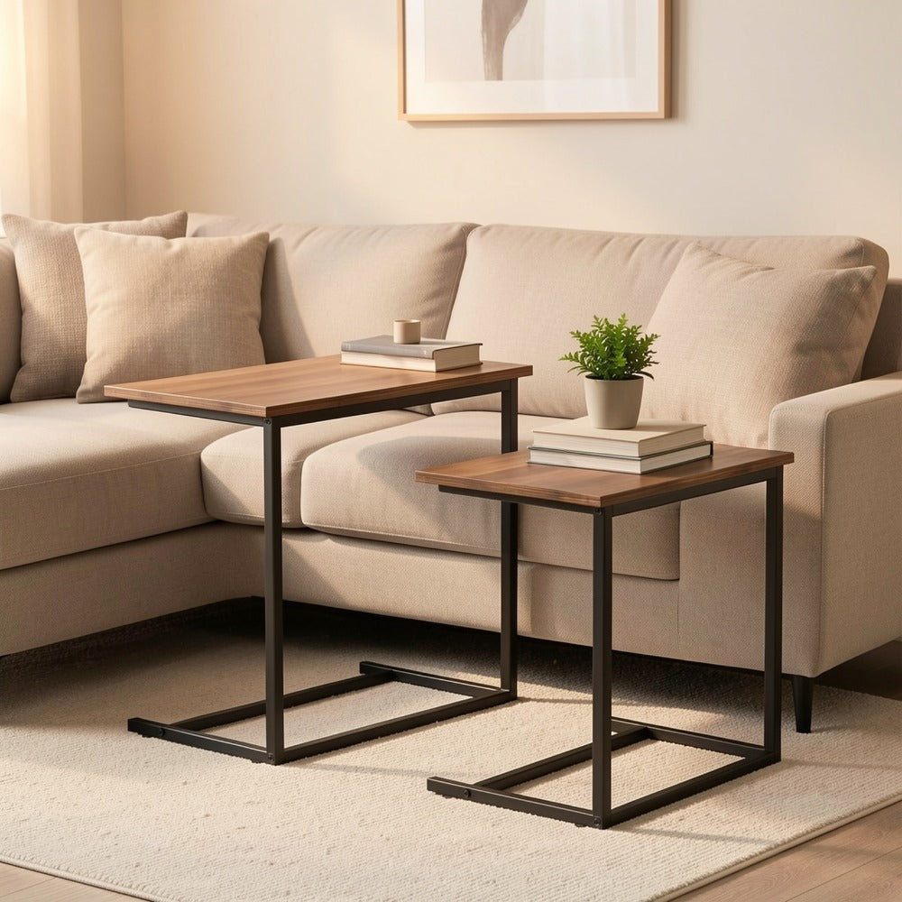 C-Shaped Sofa Side Table 60 Lb Capacity Sturdy Metal Frame Slide Under Couch End Table for Living Room Bedroom Office Brown
