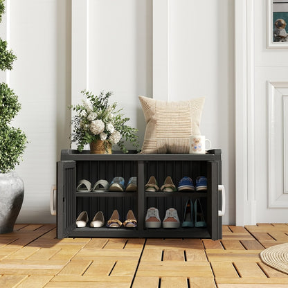 Outdoor Storage Bench with Double Doors & Adjustable Shelf, Entryway Storage Cabinet for Garden Tools & Outdoor Gear, 31.89" Patio Storage Stool in Black & Light Brown, Holiday Gift Idea