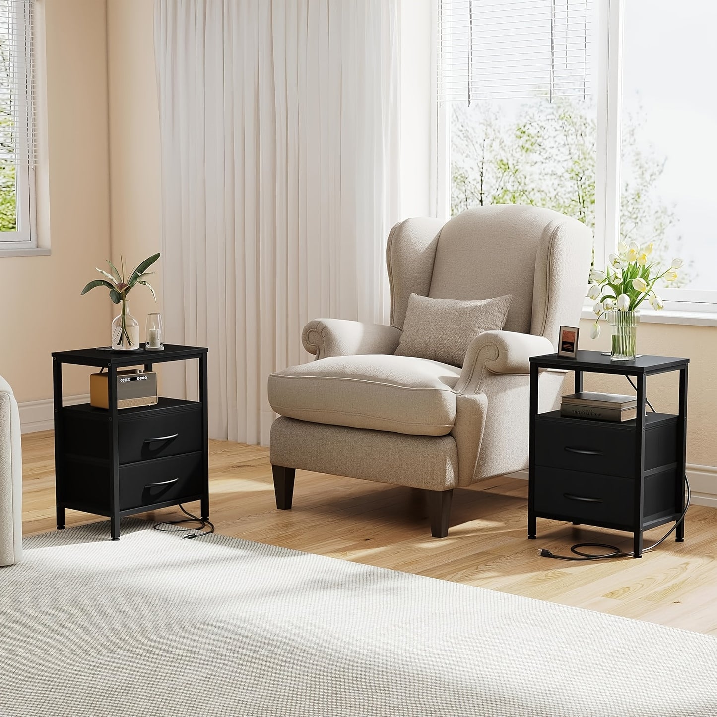 1/ 2P Bedside Table with Quick Charge USB/ Type-C Ports - Space Saving Floating Nightstand with 2 Adjustable Drawers& Built-in Socket, Ideal for Modern Bedrooms