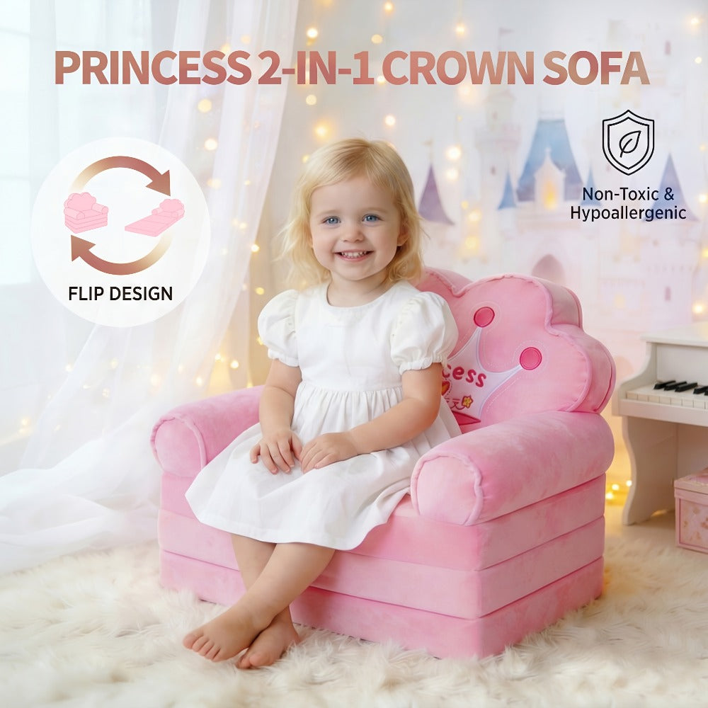 Kids Sofa Princess Crown Pink - 2-in-1 Flip Open Kids Couch & Lounger | Machine Washable Plush Cover & Certified Safe Foam | Dreamy Reading Nook Chair For Girls
