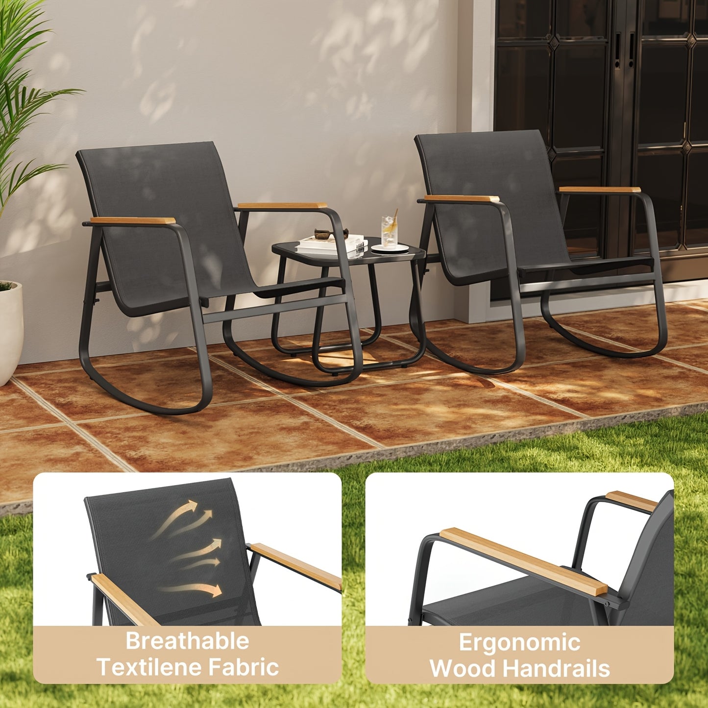 Asofer 3pcs Patio Rocking Chair Set With Glass Table, Outdoor Rockers With Breathable Teslin Mesh, Rust-Resistant Steel Frame, Ergonomic Backrest & Armrests For Garden Porch Backyard