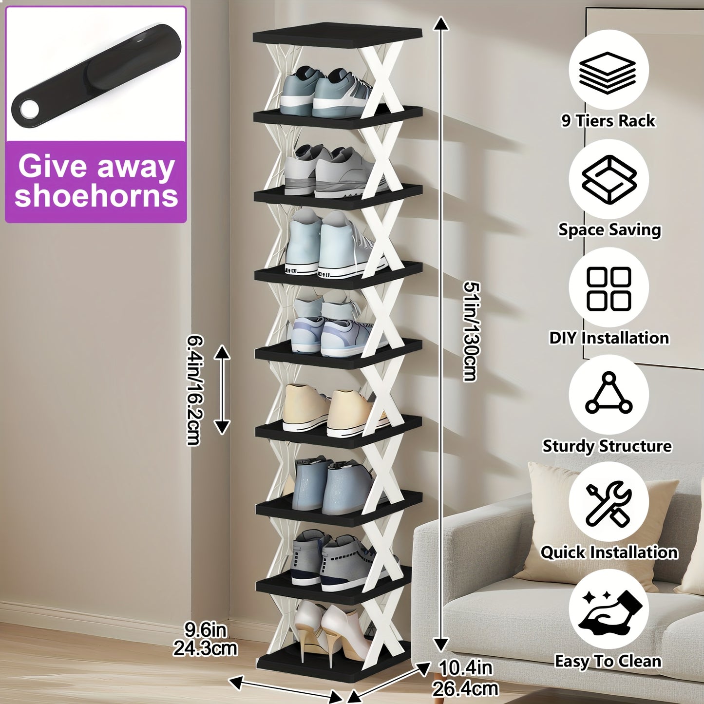 Stackable Shoe Rack 6 or 9 Tier Plastic Vertical Shoe Organizer, Space Saving Shoe Storage Shelf for Entryway Bedroom Hallway Dorm, 10 Color Options