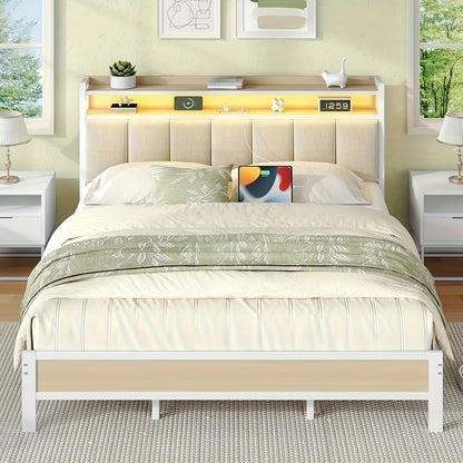 Bed Frame with Storage Headboard LED Lights and Charging Station Twin Full Queen King Heavy Duty Metal Slatted Base No Box Spring White Grey Cream