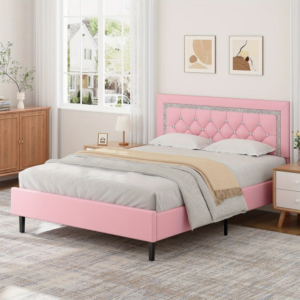 Princess Bed Frame with Diamond Tufted Headboard Twin Full Queen Soft PU Leather Wood Slats 900 lbs Capacity Easy Assembly Bedroom Furniture Pink White Black