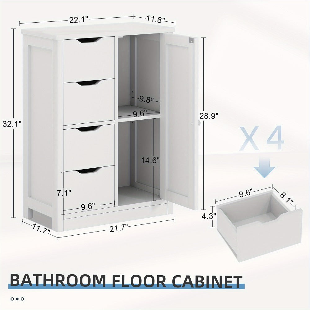 JAMFLY Wooden Bathroom Floor Cabinet, Side Storage Organizer Cabinet with 4 Drawers And 1 Cupboard, Freestanding Entryway Storage Unit Console Table, Home Decor Furniture