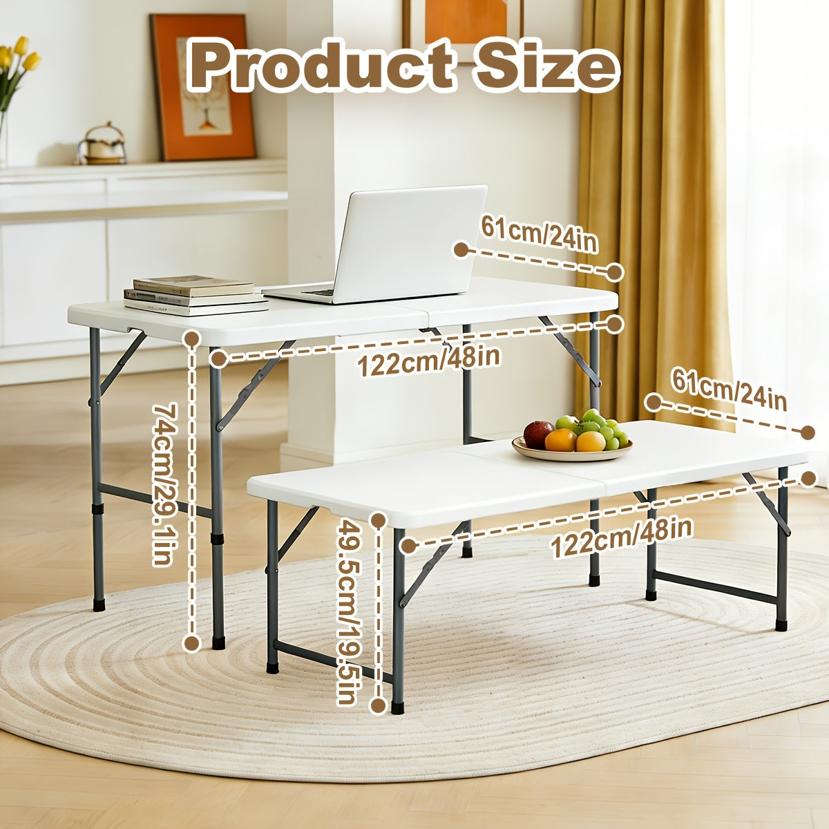 Folding Table 2.5/4/6FT Portable Heavy Duty Plastic Fold-in-Half Utility Table Portable Dining Table Indoor Outdoor Adjustable Height Folding with Carrying Handle, Locks, Camping and Party, Picnic Table -White/Black