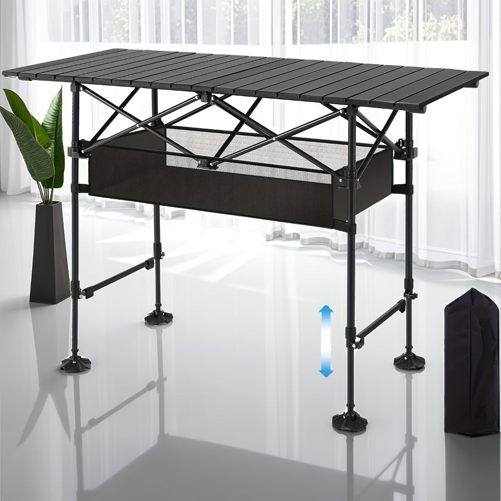 Folding Camping Table Adjustable Height – Portable Iron Picnic Backpack Table with Mesh Pocket & Carry Bag for Camping, BBQ, Beach, Backyard & Parties