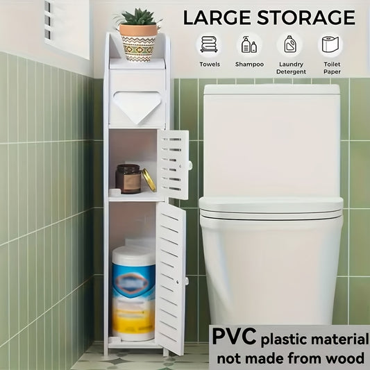 1pc PVC Double-door Bathroom Storage Cabinet, Sturdy And Durable, Made Of Thickened Material, White, Floor-standing, Suitable for Hotel, School Restrooms, And Home Usea Space-saving Corner Shelf for Toilet Paper Holders And Shampoo Storage.
