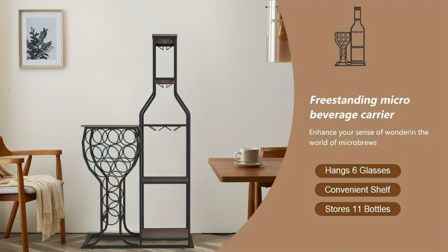Wine Rack with Hanging Glass Holder & Storage Shelves - 5-Tier Freestanding Baker's Rack for Kitchen, Dining Room & Home Bar, Holds 11 Bottles