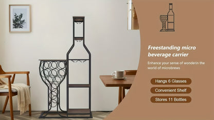 Wine Rack with Hanging Glass Holder & Storage Shelves - 5-Tier Freestanding Baker's Rack for Kitchen, Dining Room & Home Bar, Holds 11 Bottles