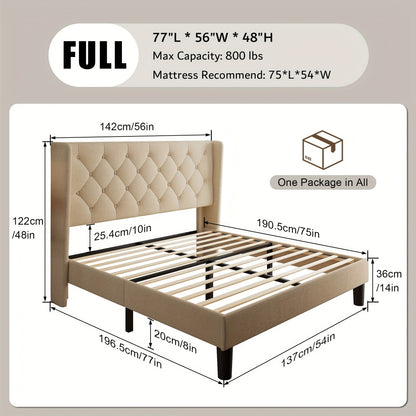 Modern Platform Bed Frame with 24-Inch Button-Tufted Headboard – Solid Wood Slats, Artistic Legs, Linen & Velvet, Dark Gray Light Grey Beige White Black, Full Queen King