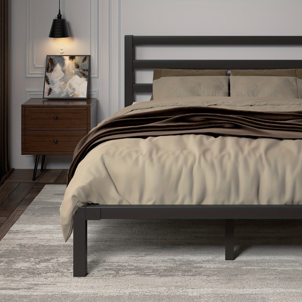 Metal Platform Bed Frame with Slatted Headboard – Under Bed Storage, No Box Spring Needed, Sturdy Metal Slats, Black White, Twin Full Queen King