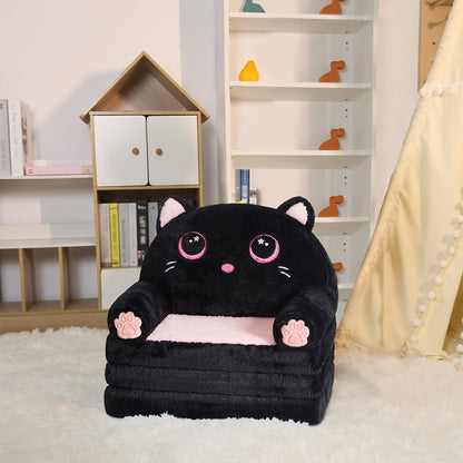 Kids Sofa 2-In-1 Foldable Velvet Memory Foam Chair Black Pink Cat Lounger for Reading Relaxing Playroom Furniture Girls Room Decor Cat Theme Bedroom