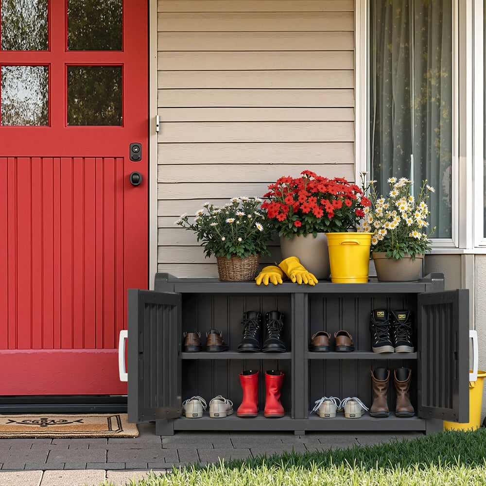 Outdoor Storage Bench with Double Doors & Adjustable Shelf, Entryway Storage Cabinet for Garden Tools & Outdoor Gear, 31.89" Patio Storage Stool in Black & Light Brown, Holiday Gift Idea