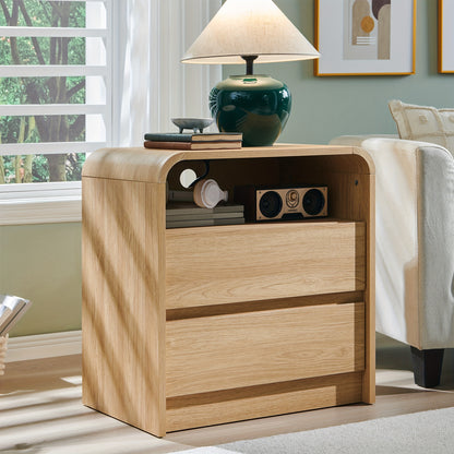 25" Tall Modern Nightstand with Charging Station, Wood Bedside Table with 2 Storage Drawers, Large Mid Century End Table for Bedroom, Living Room, Curved Profile Design