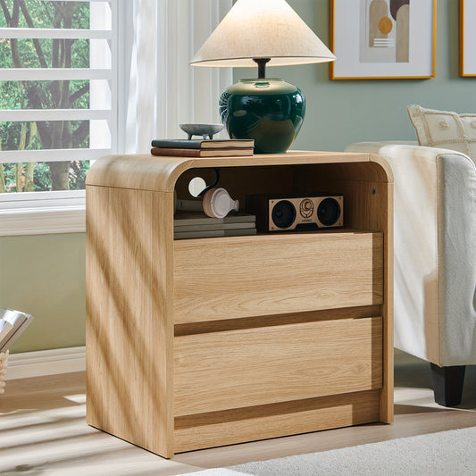 25" Tall Modern Nightstand with Charging Station, Wood Bedside Table with 2 Storage Drawers, Large Mid Century End Table for Bedroom, Living Room, Curved Profile Design