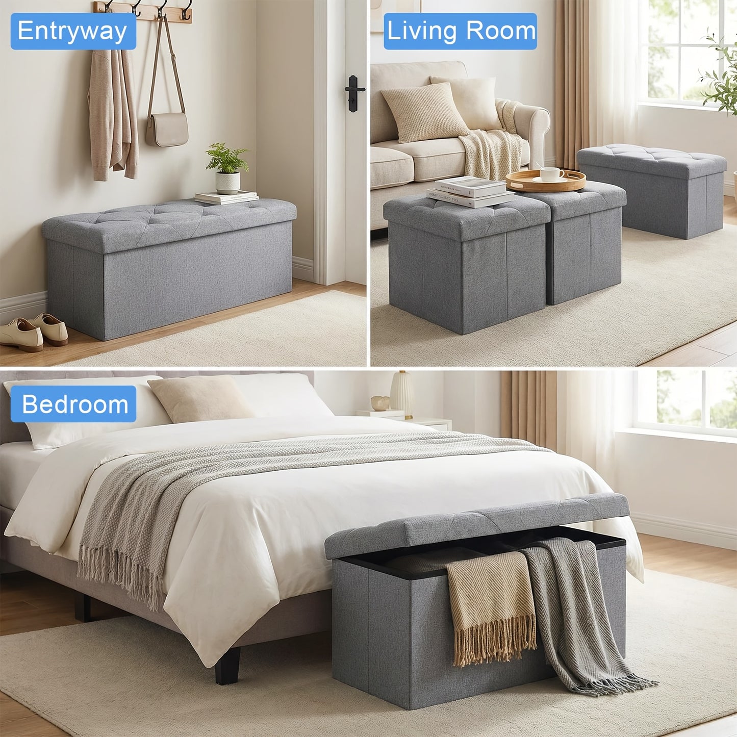 [Multi-Purpose Ottoman Bench] Heavy-Duty Multi-Purpose Folding Storage Ottoman Bench with Seat | Indoor/Outdoor, Space-Saving Design, Non-Porous Easy-Clean Surface - Perfect for Living Room, Bedroom, Patio, Garden Tool Storage - Gray Organizer Bench