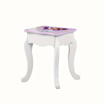 Girls Vanity Table Set with Mirror & Stool, Wooden Fairy Princess Makeup Desk with Storage Drawer for Kids, Toddler Bedroom Dressing Table, Perfect Birthday Gift for Girls