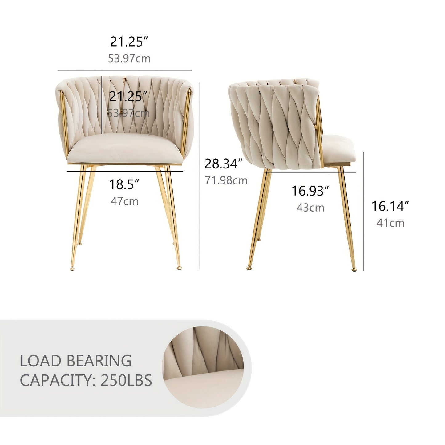 Velvet Dining Chairs Set of 2, Accent Chairs With Golden Metal Legs, Woven Upholstered, For Living Room/Bedroom/Kitchen