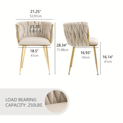 Velvet Dining Chairs Set of 2, Accent Chairs With Golden Metal Legs, Woven Upholstered, For Living Room/Bedroom/Kitchen