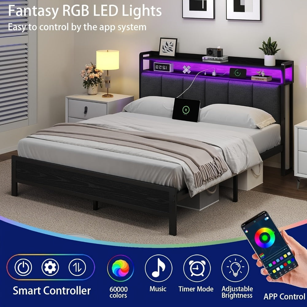Bed Frame with Storage Headboard LED Lights and Charging Station Twin Full Queen King Heavy Duty Metal Slatted Base No Box Spring White Grey Cream