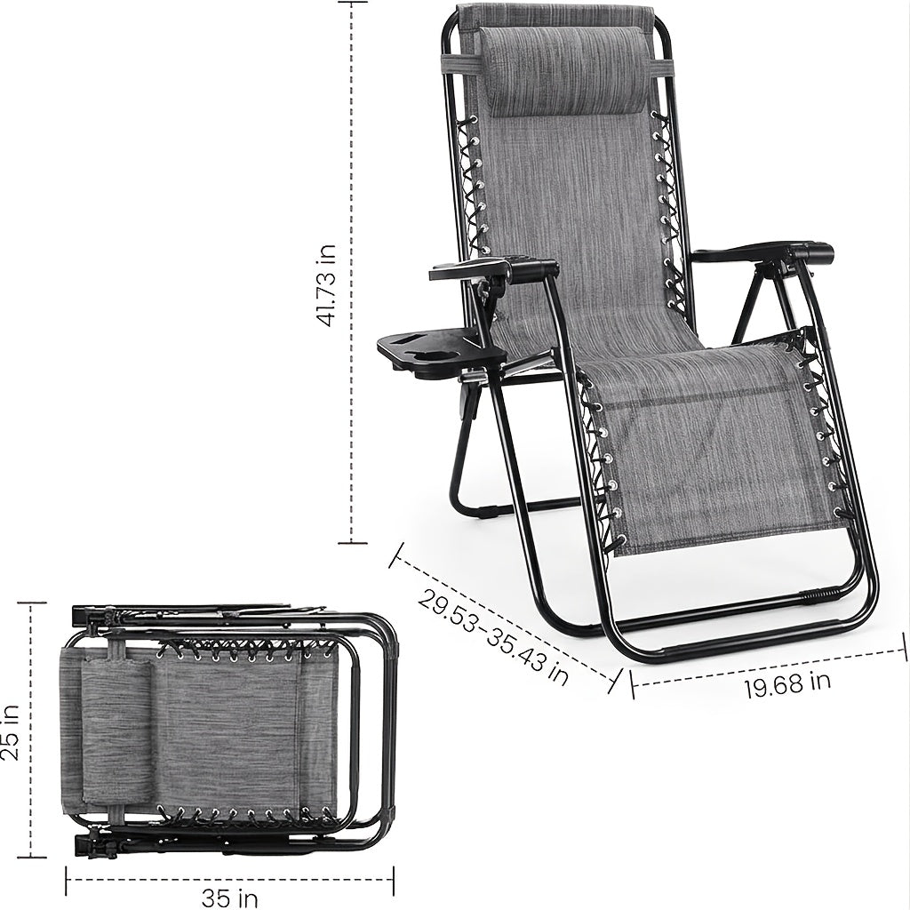 2pcs Zero Gravity Patio Recliner, Folding Lounge with Adjustable Pillow & Cup Tray, Suitable for Gardens And Outdoor Use, Khaki And Gray Color