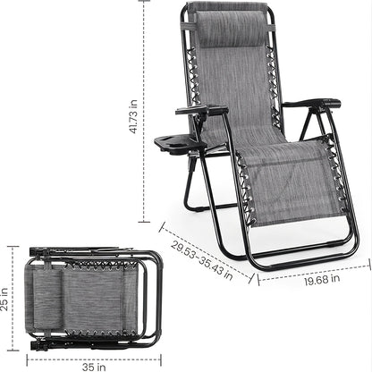 2pcs Zero Gravity Patio Recliner, Folding Lounge with Adjustable Pillow & Cup Tray, Suitable for Gardens And Outdoor Use, Khaki And Gray Color