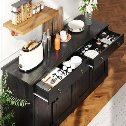 55" Buffet Cabinet, Coffee Bar with 4 Doors And 2 Drawers, Sideboard Cabinet with Adjustable Shelves, Coffee Bar Cabinet for Kitchen, Dining Room, Entryway, White/Black