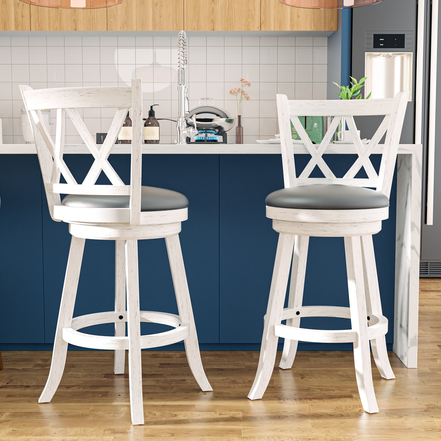 2 Set High Back Swivel Bar Stools with Upholstered Seat & Solid Wood Footrest, Rustic Counter Height Stools for Kitchen & Pubs