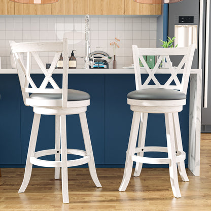 2 Set High Back Swivel Bar Stools with Upholstered Seat & Solid Wood Footrest, Rustic Counter Height Stools for Kitchen & Pubs