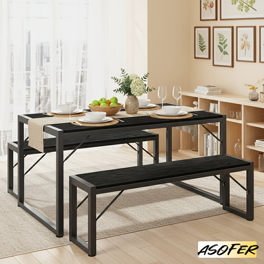 45.5" Dining Table Set For 4, Kitchen Table Set With 2 Benches, Dining Room Table Set With Metal Frame & MDF Board, Space-Saving Dinette For Kitchen, Dining Room -Black, Retro, Gray