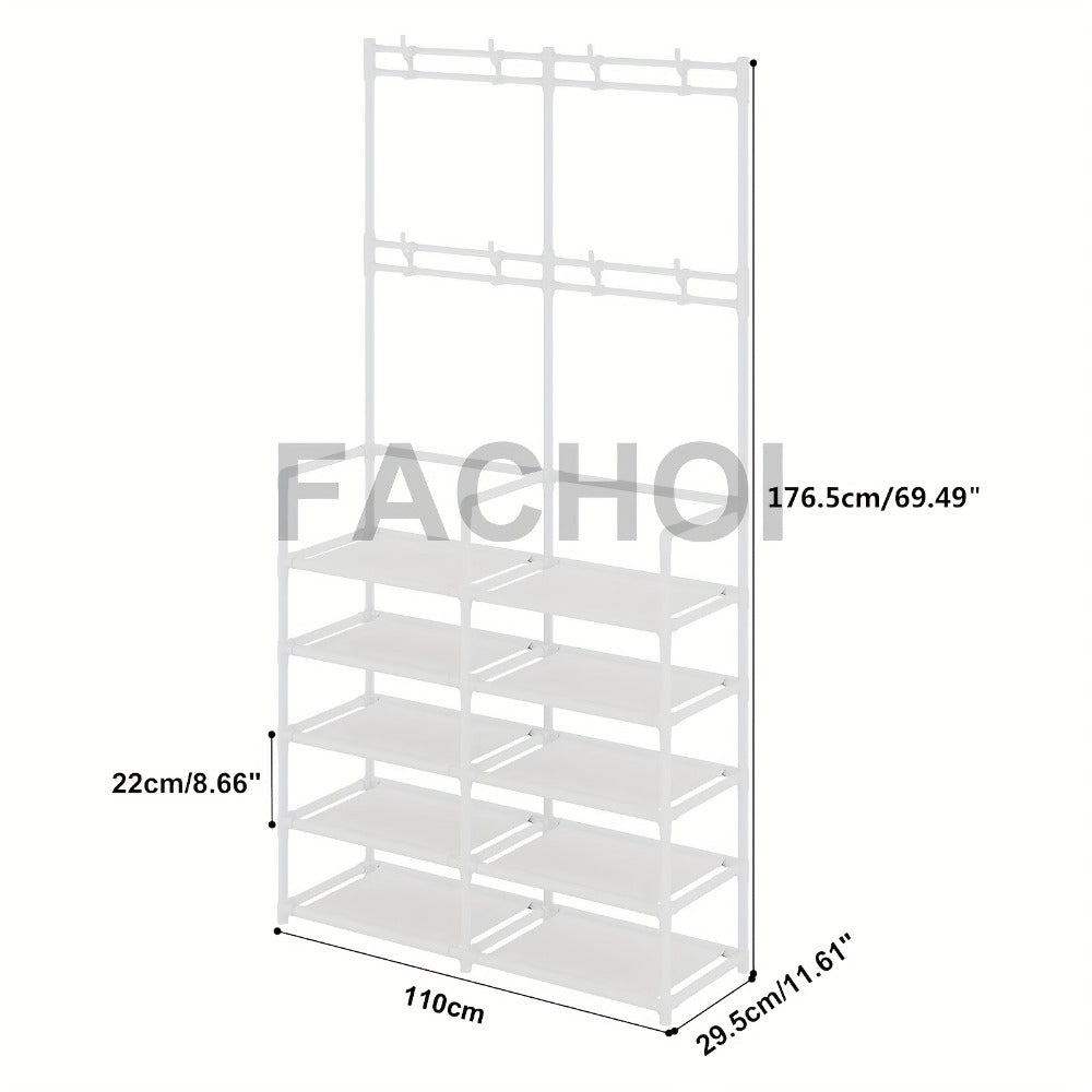 Metal Shoe Rack with Coat Hooks 5 or 10 Layer, Freestanding Shoe and Coat Organizer with Detachable Hooks for Entryway Hallway Apartment, Black White