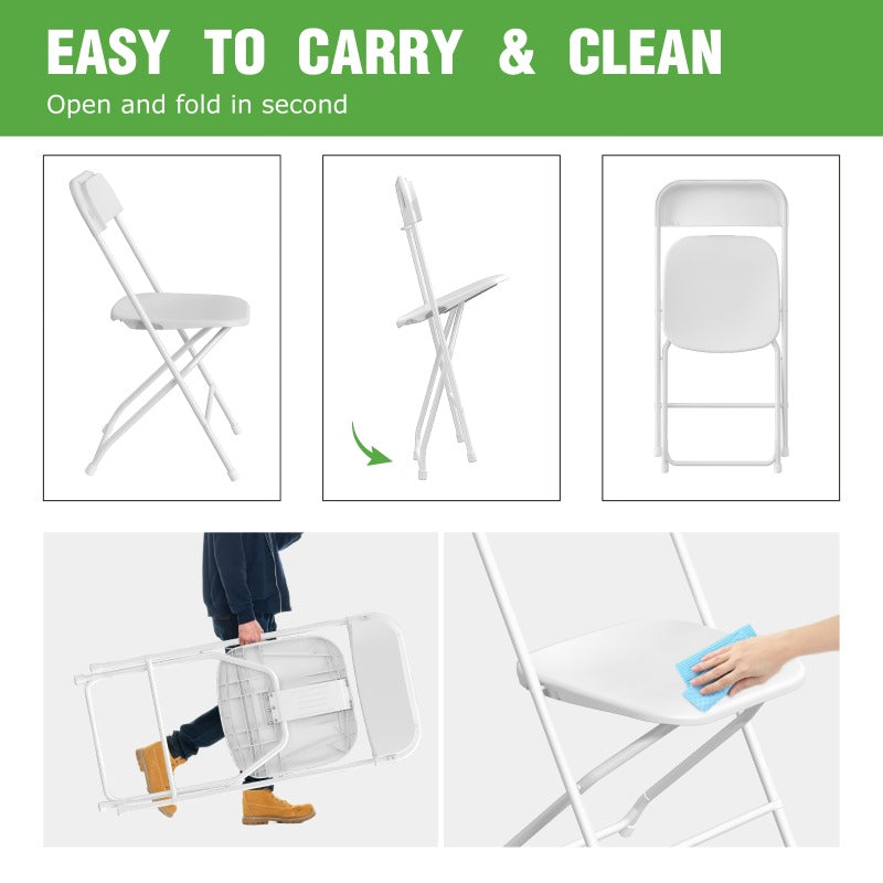 10/24/50 Pack White Folding Chairs – 350 Lbs Weight Capacity Reinforced Plastic Chairs, Steel Reinforced Frame, Commercial Grade Stackable Chairs, Suitable for Indoor And Outdoor, Weddings, Offices, Banquets, Restaurants, Parties