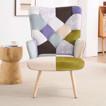 Patchwork Accent Chair High Back Armchair with Memory Foam Cushion & Hardwood Legs – 330 lbs Capacity Linen Upholstered Reading Chair for Living Room Bedroom Home Office, 6 Colors