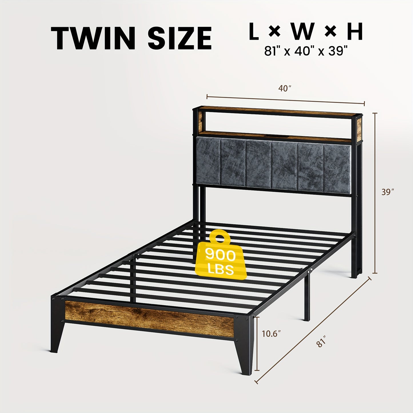 Metal Bed Frame with Headboard, Storage Shelves, LED Lights And Type-C Charging