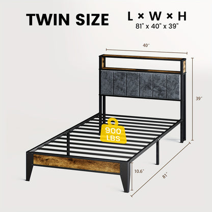 Metal Bed Frame with Headboard, Storage Shelves, LED Lights And Type-C Charging