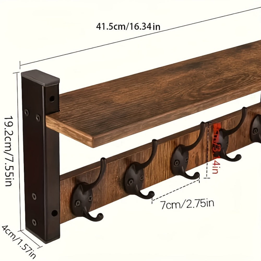 Wall-Mounted Coat Rack with Shelf & Hooks Heavy Duty Industrial Metal, Rustproof Entryway Organizer Multi-Tier Storage for Hallway Mudroom Porch, No Assembly Required Vintage Style