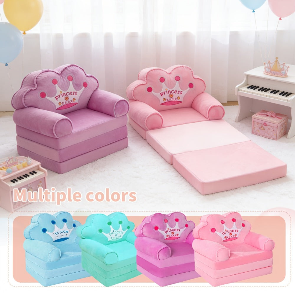 Kids Sofa Chair Foldable, 2-in-1 Toddler Couch Lounger, Pink Soft Plush Memory Foam Sofa with Pillow & Armrests, Machine Washable Cover, Comfy Kids Room Seating Perfect Holiday Gift