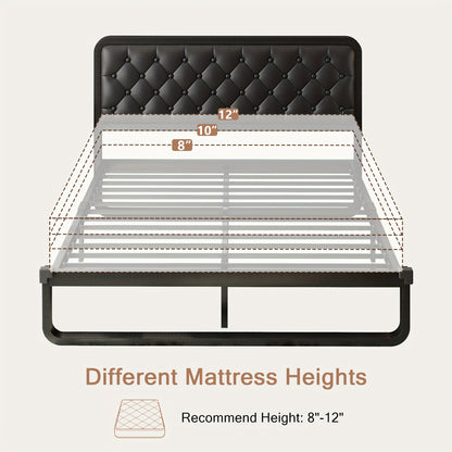 Sturdy Platform Bed Frame Featuring a Button-Tufted Headboard in Black Faux Leather Or Dark Grey Linen, Offering 12 Inches of Storage Space