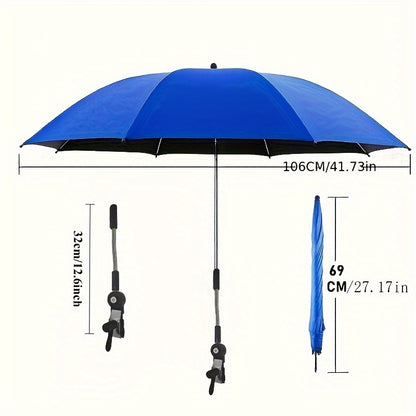 A Portable Outdoor Umbrella with a Clip That Can Rotate 360 Degrees, Featuring an Adjustable Heat-Resistant Rectangular Canopy Made of Tropical Blue Polyester Fabric And an Alloy Steel Frame, Designed for Manual Use with Camping Gear, Beach Chairs