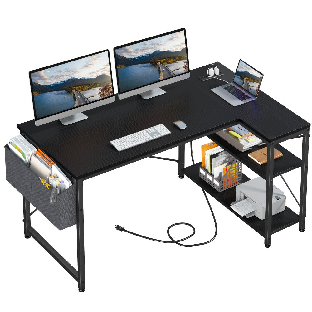 L-Shaped Computer Desk with Power Outlets and Storage Shelves, Corner Gaming Desk for Home Office Bedroom Dorm, Wood Metal Writing Study Desk with Monitor Stand in 3 Colors 4 Sizes