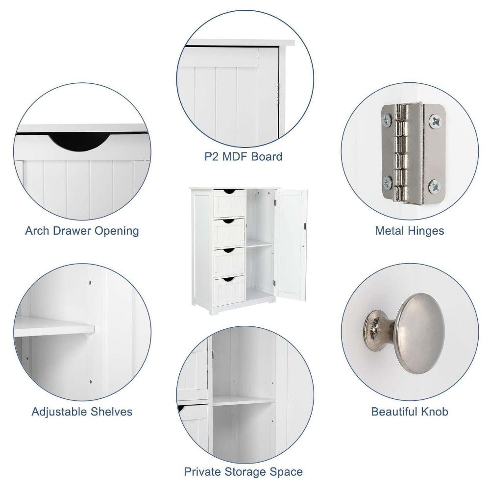 Bathroom Floor Cabinet with 4 Drawers & Cupboard, Side Storage Organizer with 2 Open Shelves, Freestanding Bathroom Vanity Cabinet for Small Spaces, White