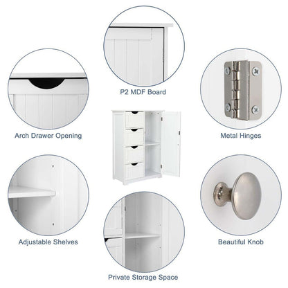 Bathroom Floor Cabinet with 4 Drawers & Cupboard, Side Storage Organizer with 2 Open Shelves, Freestanding Bathroom Vanity Cabinet for Small Spaces, White
