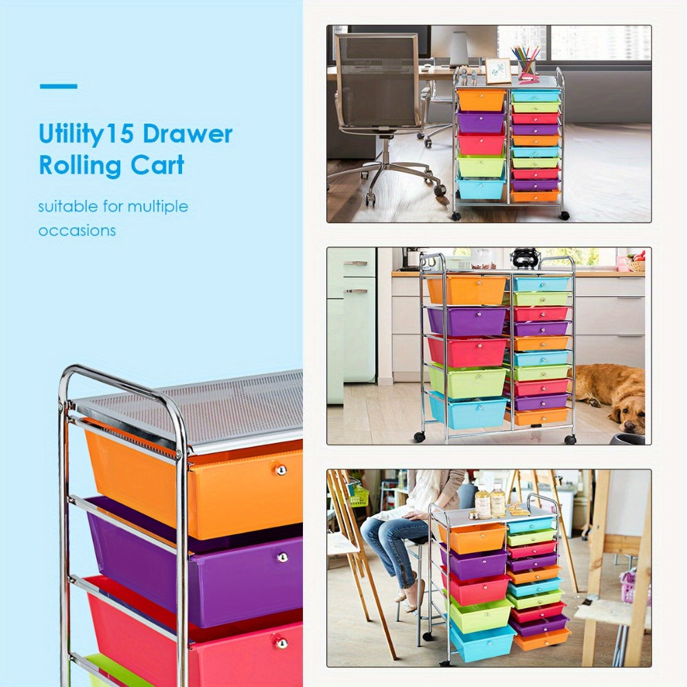 15-Drawer Rolling Storage Cart with Locking Wheels, Steel Frame & Multicolor Opaque Plastic Drawers, Space-Saving Organizer for Home Office Kitchen Bathroom, 5 Large & 10 Small Drawers