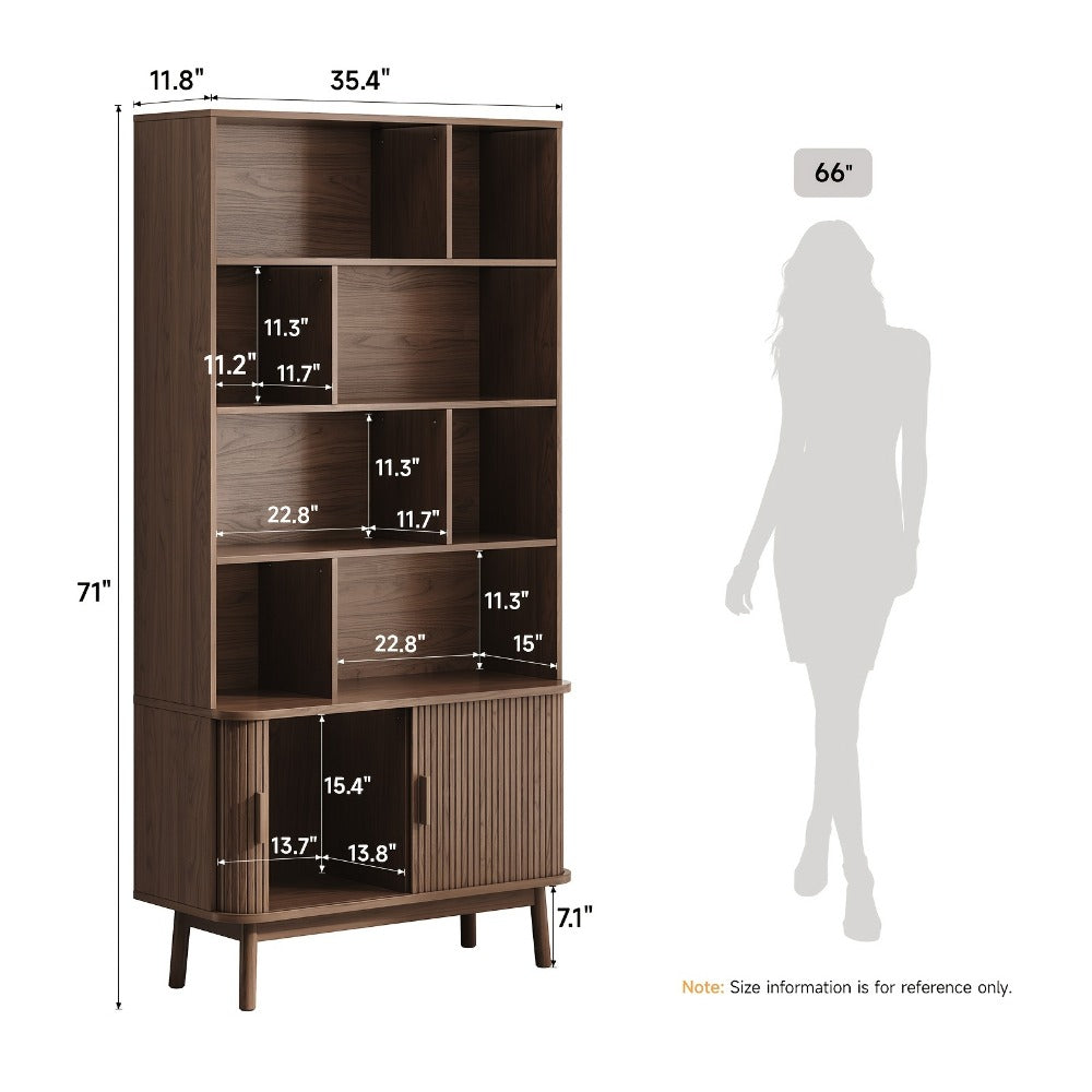 71 Inch Tall Bookcase with Sliding Doors 4 Shelves Storage Cabinet Adjustable Shelves Walnut Mid-Century Modern Home Office Living Room