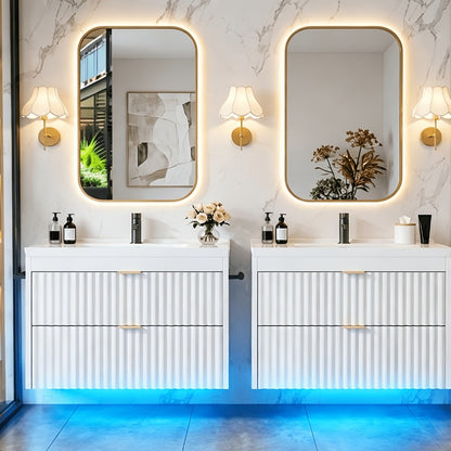 24 Inch Floating Bathroom Vanity with Sink & LED, Wall Mounted Cabinet with 3-Hole Ceramic Sink Wave Line Design 2 Soft-Close Drawers for Small Bathrooms Black White