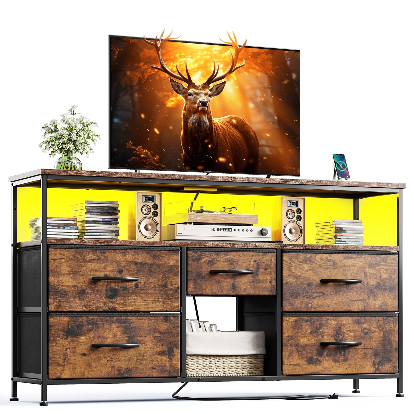 TV Stand Dresser with 5 Drawers, Entertainment Center for 50-Inch Television, Media Console Table with Power Outlets And LED Lights, Office Lockers, Open Shelf, Living Room